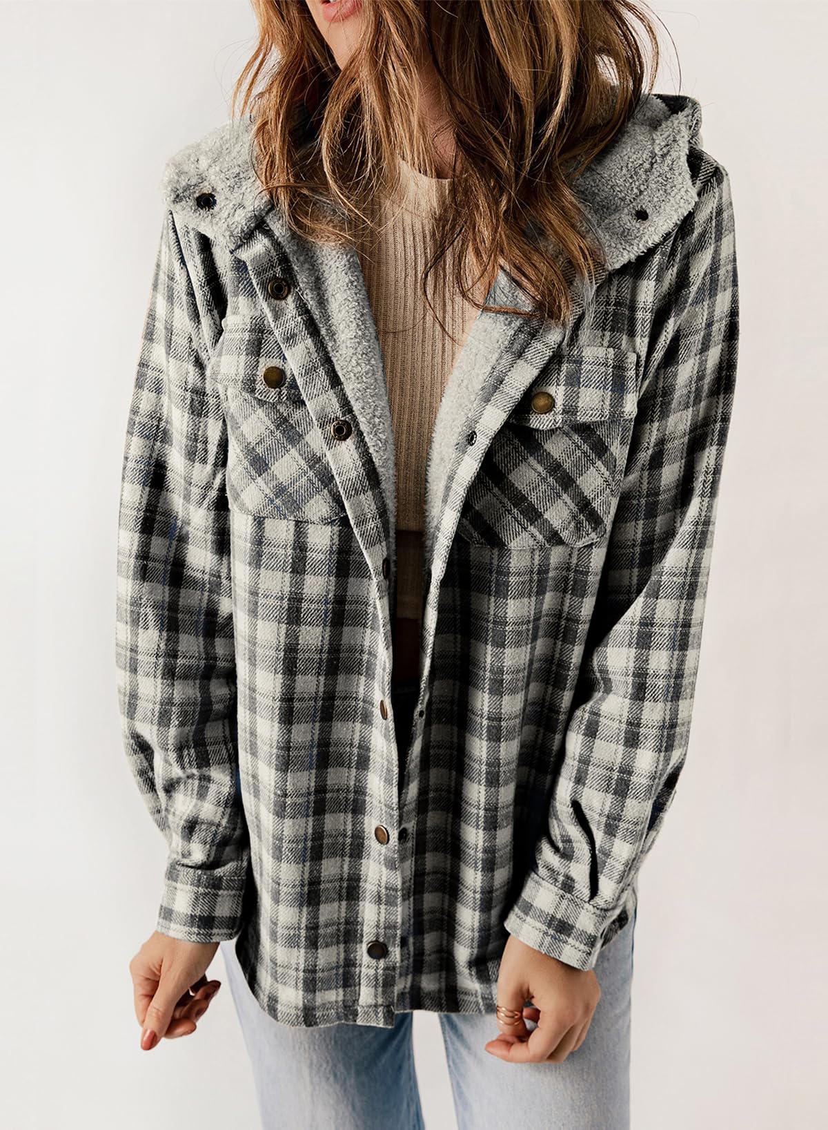 Women's Autumn Plaid Jacket with Hood and Fleece Lining – Long Sleeves with Pockets