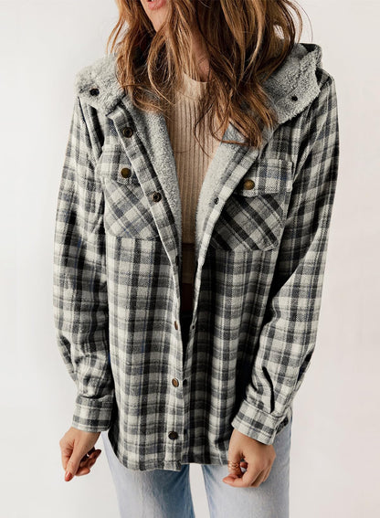 Women's Autumn Plaid Jacket with Hood and Fleece Lining – Long Sleeves with Pockets