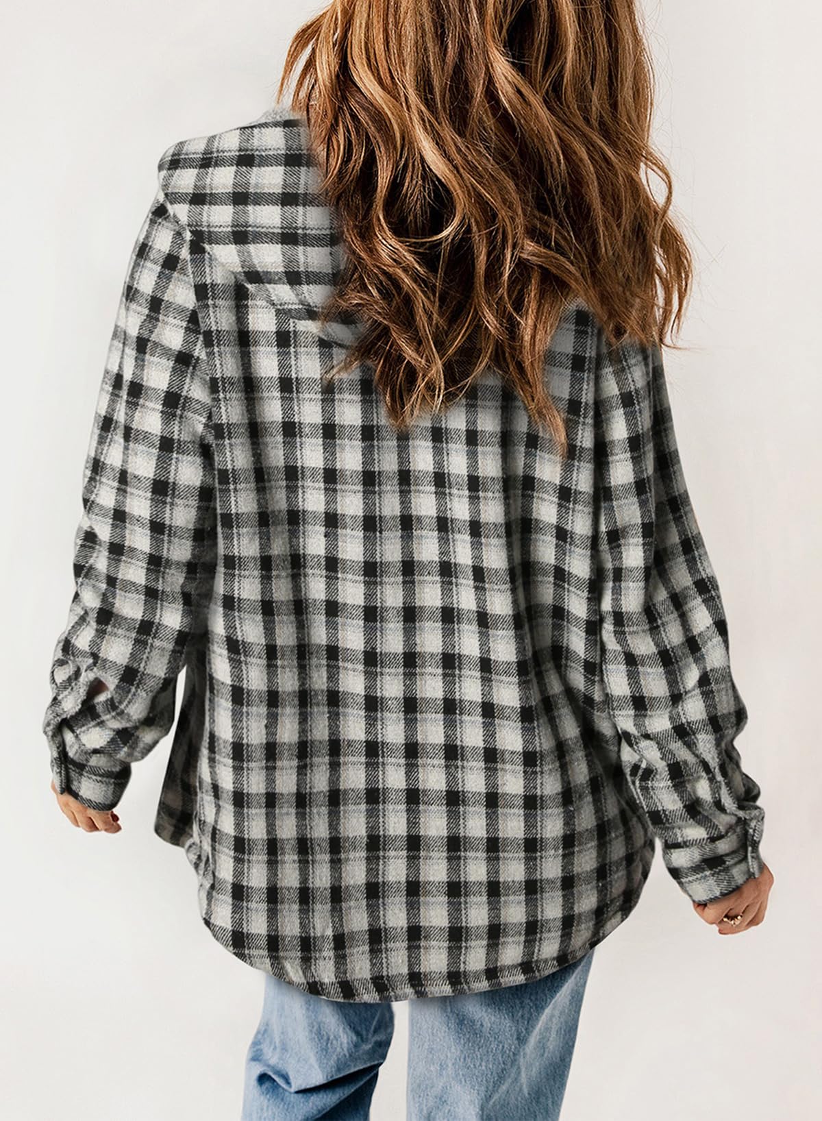 Women's Autumn Plaid Jacket with Hood and Fleece Lining – Long Sleeves with Pockets
