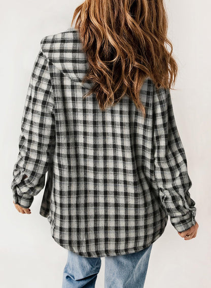 Women's Autumn Plaid Jacket with Hood and Fleece Lining – Long Sleeves with Pockets