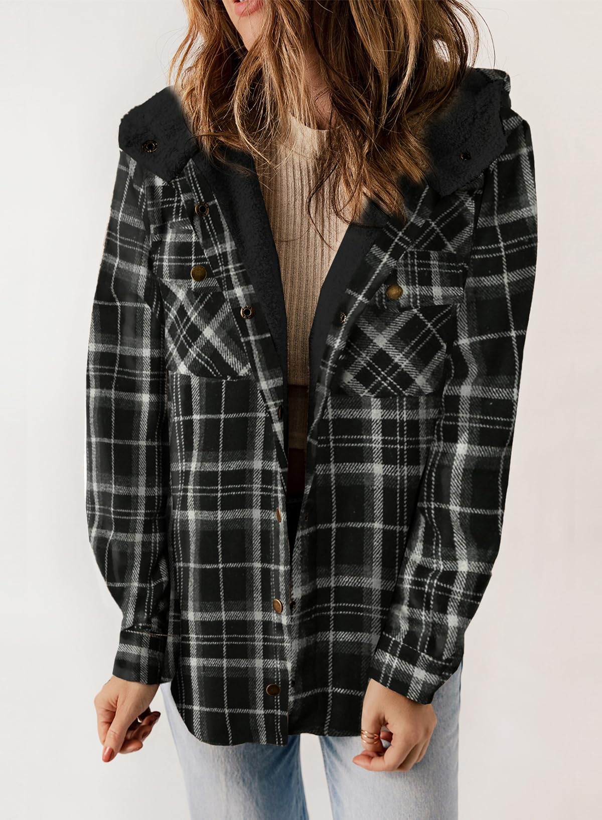 Women's Autumn Plaid Jacket with Hood and Fleece Lining – Long Sleeves with Pockets