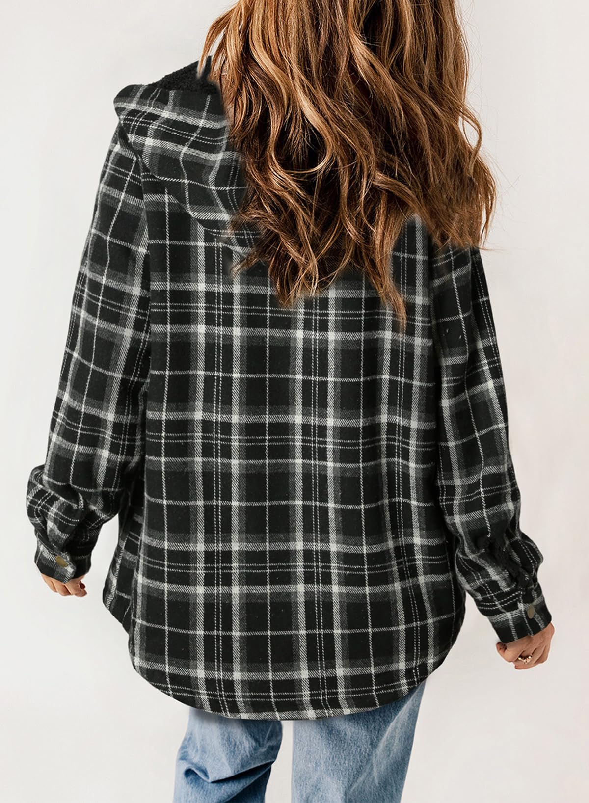 Women's Autumn Plaid Jacket with Hood and Fleece Lining – Long Sleeves with Pockets