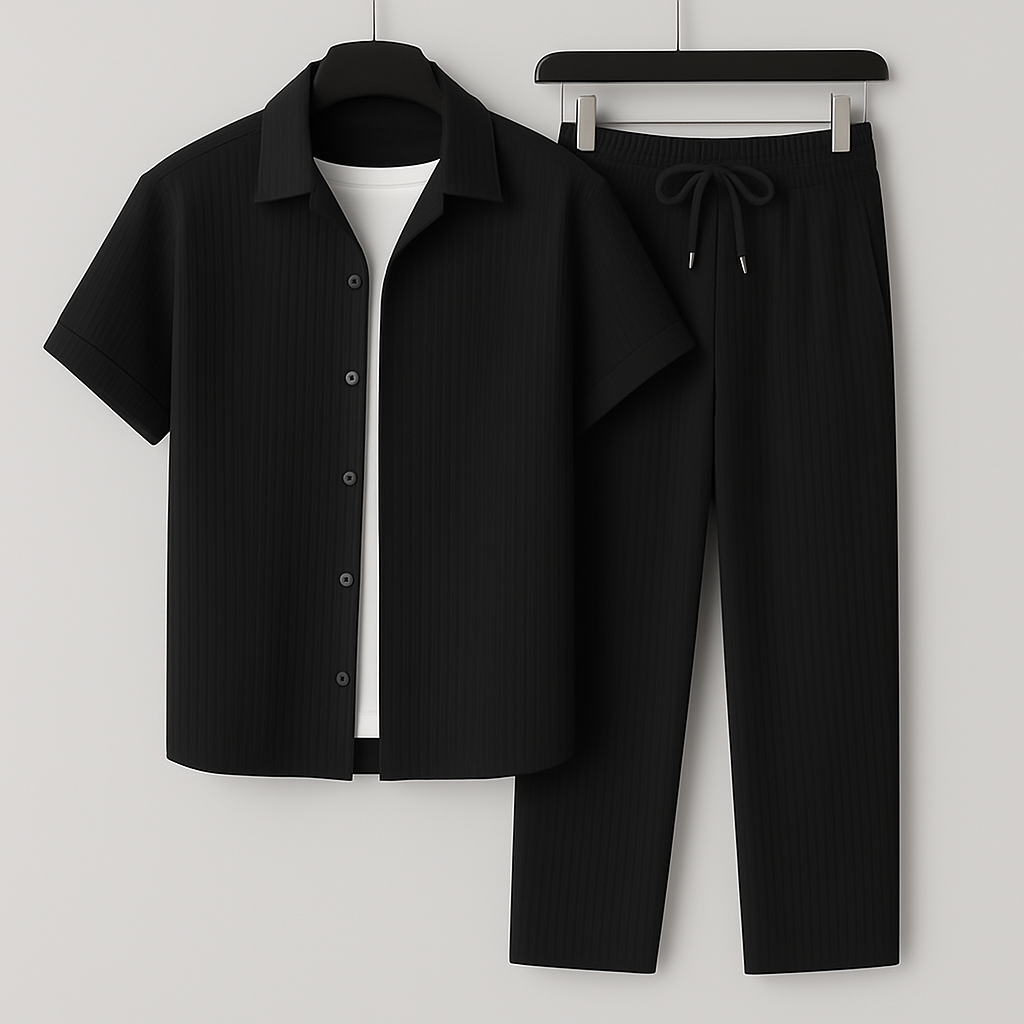 Men's Summer Linen-Style Set with Drawstring Pants and Relaxed Fit Shirt