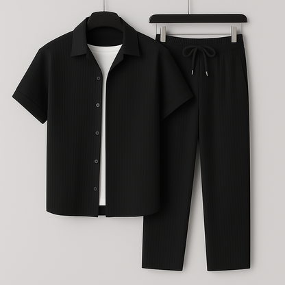 Men's Summer Linen-Style Set with Drawstring Pants and Relaxed Fit Shirt