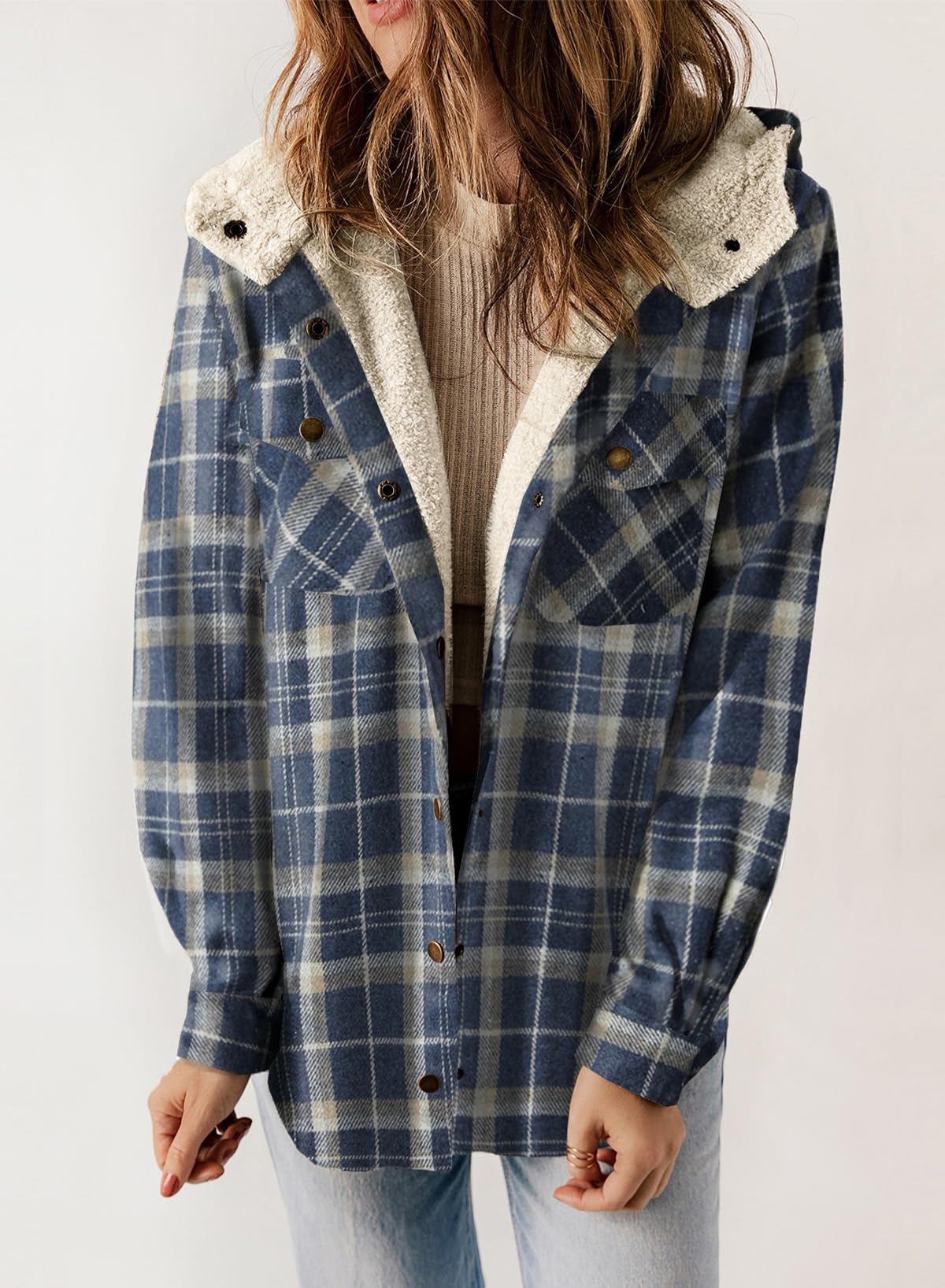 Women's Autumn Plaid Jacket with Hood and Fleece Lining – Long Sleeves with Pockets
