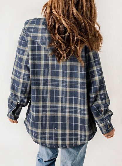 Women's Autumn Plaid Jacket with Hood and Fleece Lining – Long Sleeves with Pockets