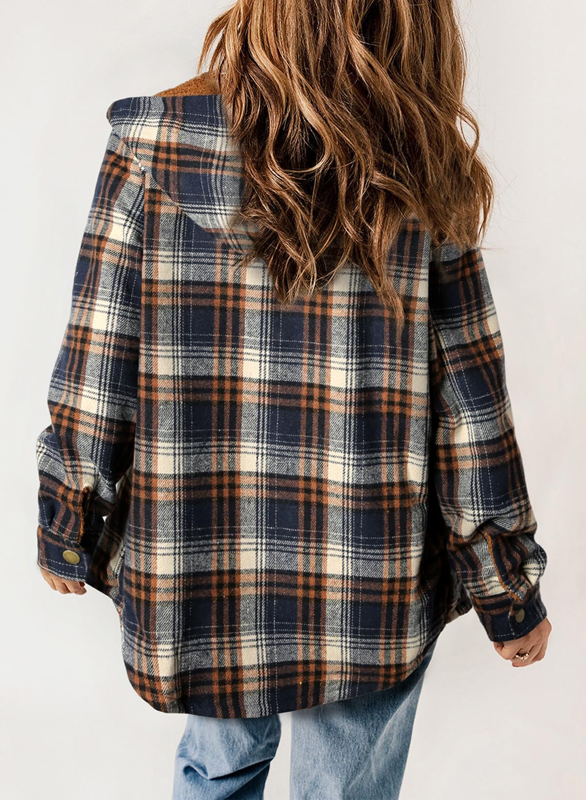 Women's Autumn Plaid Jacket with Hood and Fleece Lining – Long Sleeves with Pockets