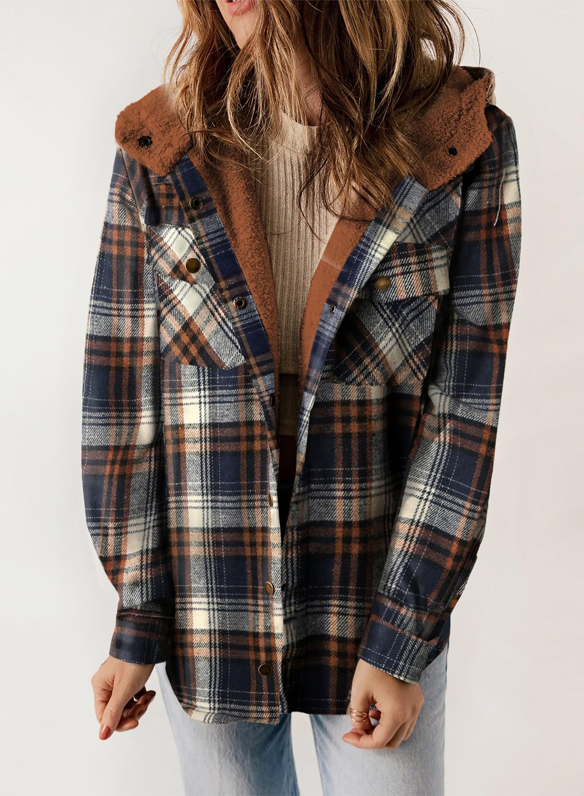 Women's Autumn Plaid Jacket with Hood and Fleece Lining – Long Sleeves with Pockets