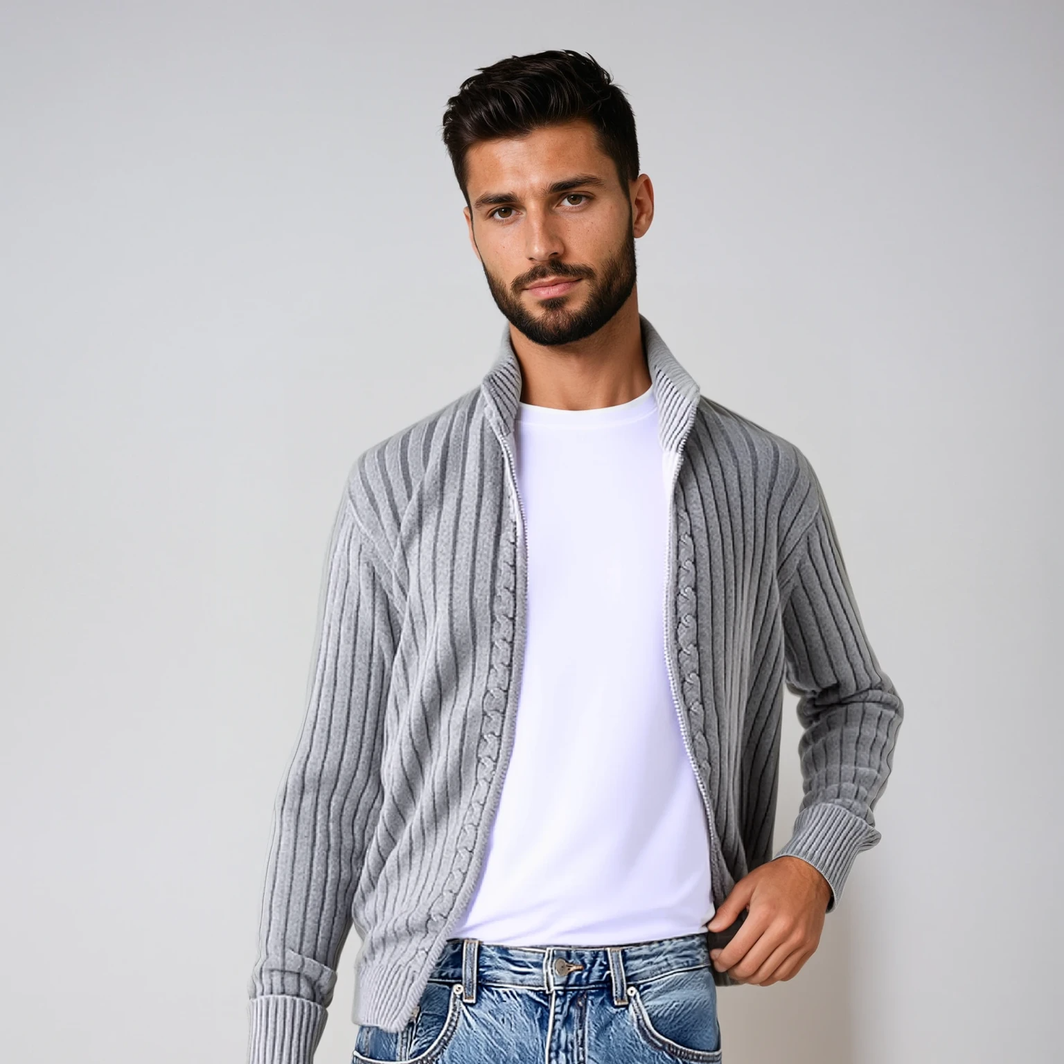 Uomo con cardigan grigio a coste, maglietta bianca e jeans. Moda maschile casual, abbigliamento autunnale, stile moderno.