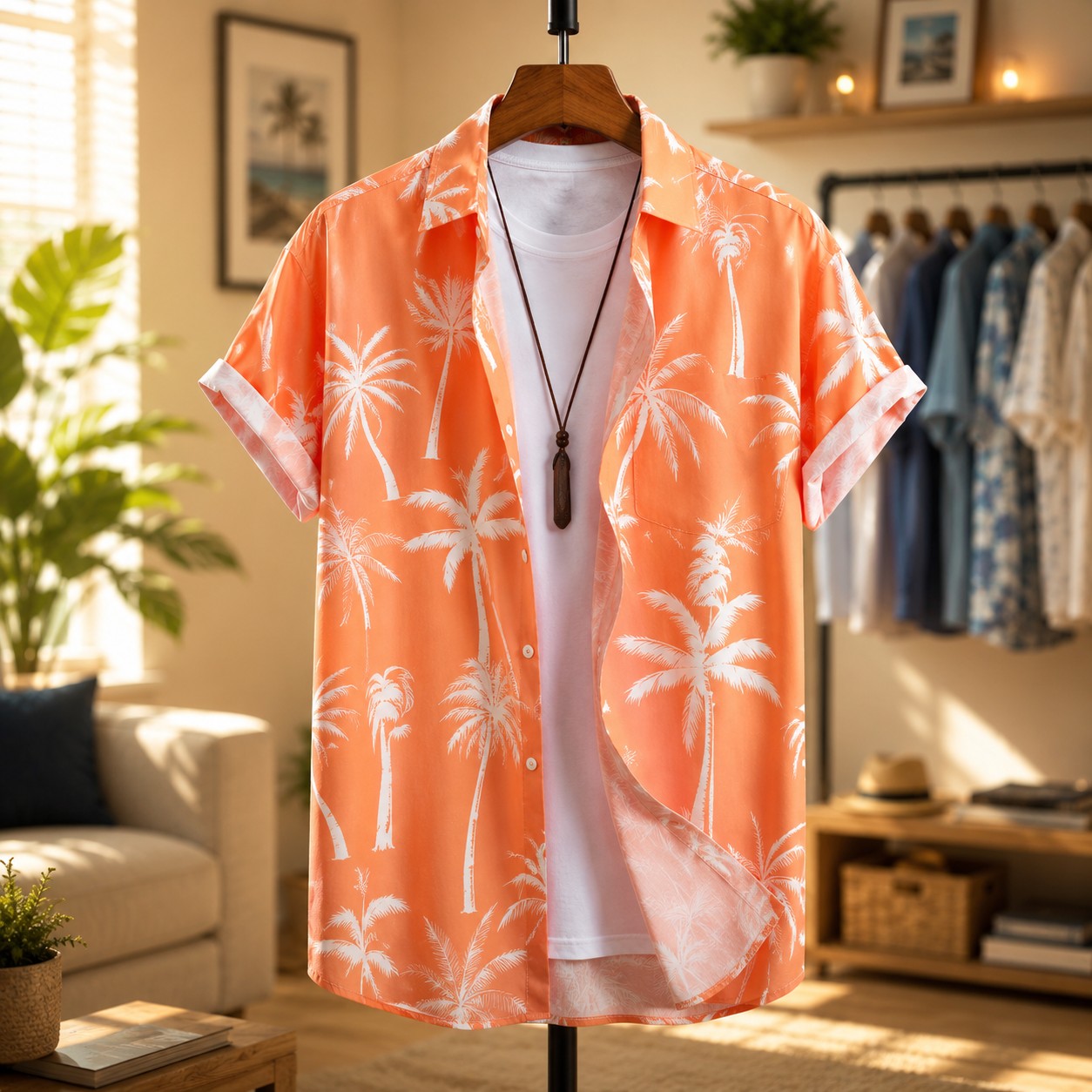 Camicia Estiva Uomo con Stampa Palme e Colletto a Revers – Vestibilità Comoda Casual