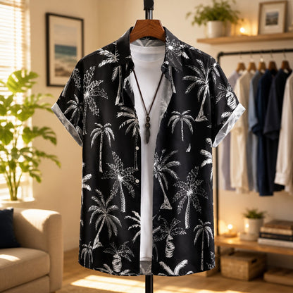 Camicia Estiva Uomo con Stampa Palme e Colletto a Revers – Vestibilità Comoda Casual