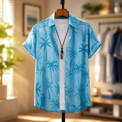Camicia Estiva Uomo con Stampa Palme e Colletto a Revers – Vestibilità Comoda Casual
