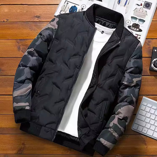 Men's Quilted Jacket with Camouflage Sleeves and Ribbed Cuffs