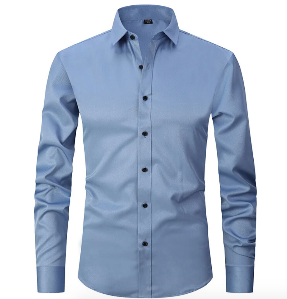 Camicia uomo elegante azzurra a maniche lunghe, bottoni neri, colletto classico. Ideale per abbigliamento formale e casual.