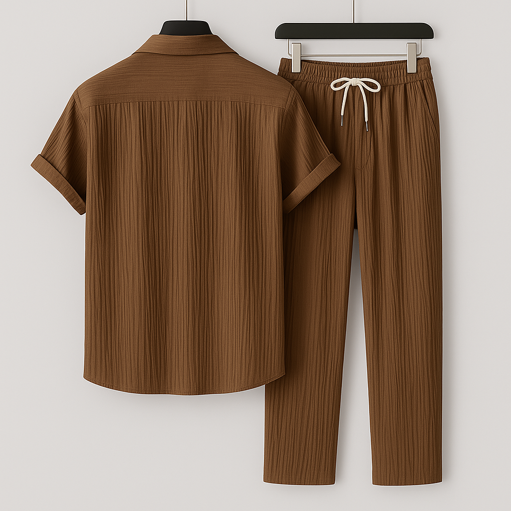 Men's Summer Linen-Style Set with Drawstring Pants and Relaxed Fit Shirt