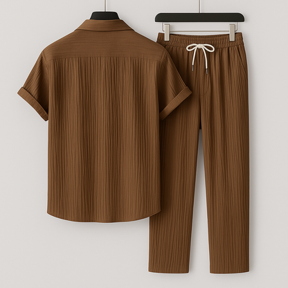 Men's Summer Linen-Style Set with Drawstring Pants and Relaxed Fit Shirt