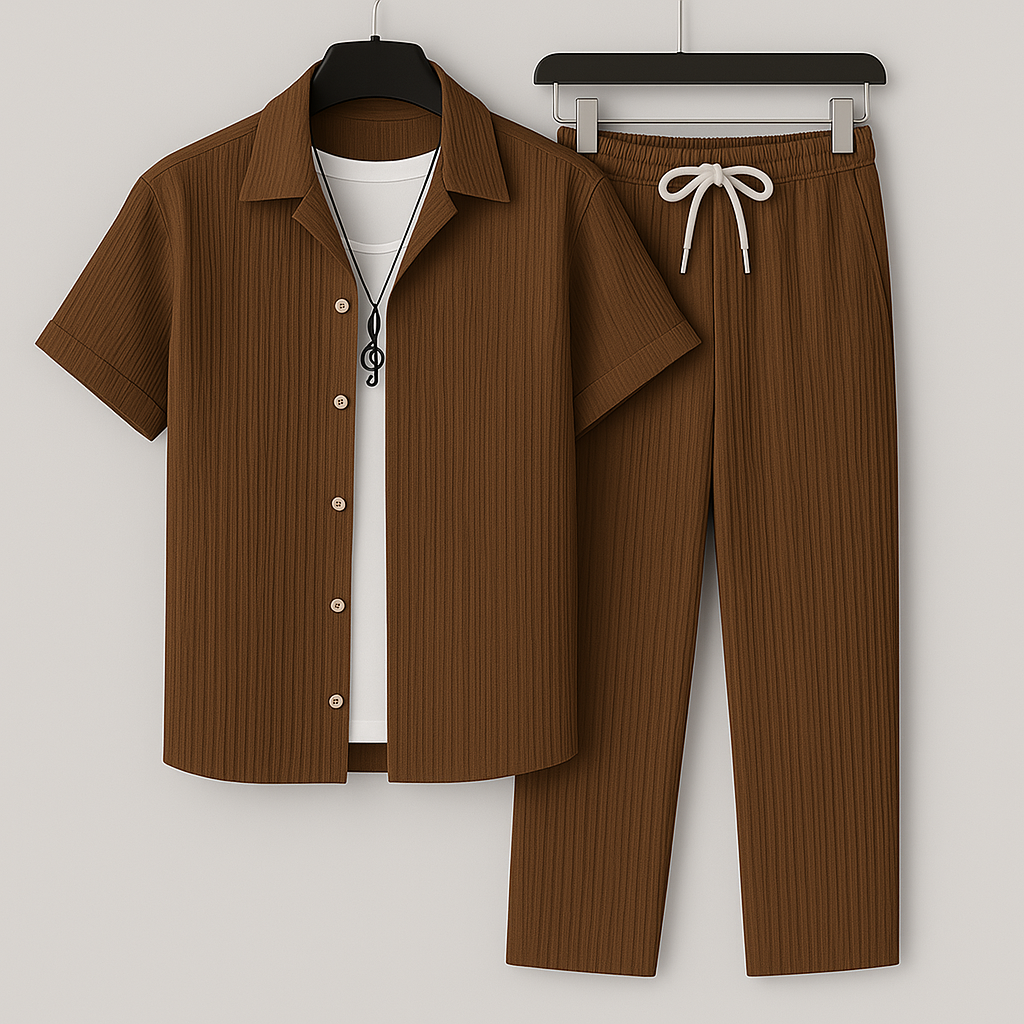 Men's Summer Linen-Style Set with Drawstring Pants and Relaxed Fit Shirt