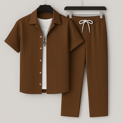 Men's Summer Linen-Style Set with Drawstring Pants and Relaxed Fit Shirt