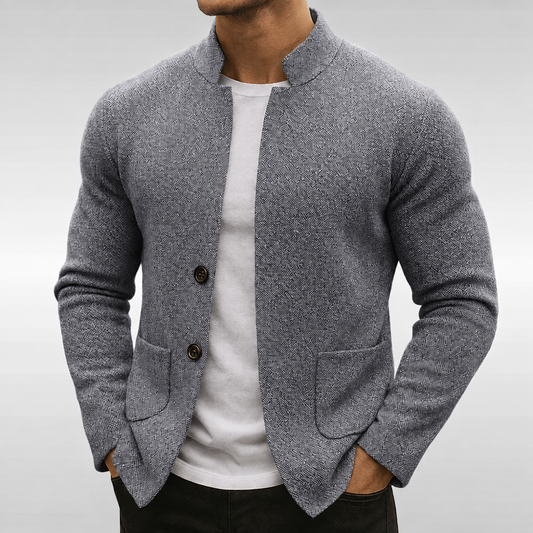 Men's autumn cardigan/blazer in textured knit with a high collar and patch pockets