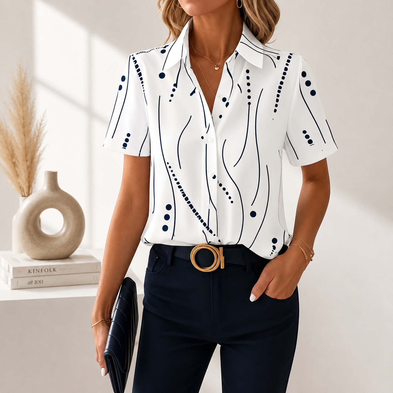 Camicetta Donna con Stampa Astratta e Abbottonatura Frontale – Stile Elegante