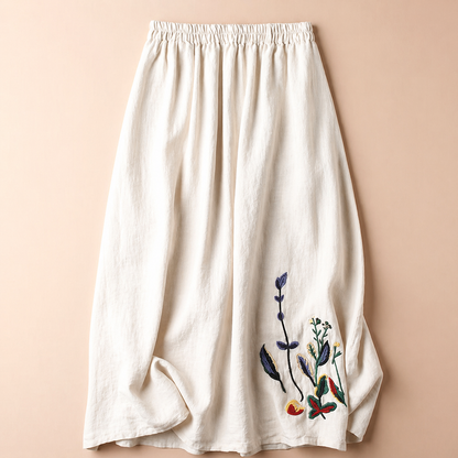 Gonna Midi Donna in Lino con Elastico in Vita e Ricami – Stile Estivo Casual