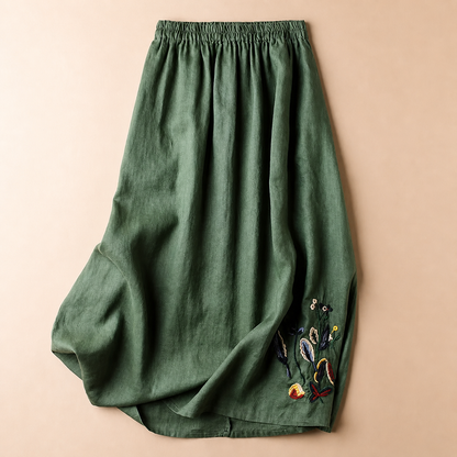 Gonna Midi Donna in Lino con Elastico in Vita e Ricami – Stile Estivo Casual
