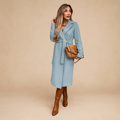 Women's Long Winter Coat with Belt and Wide Lapel – Wool Effect