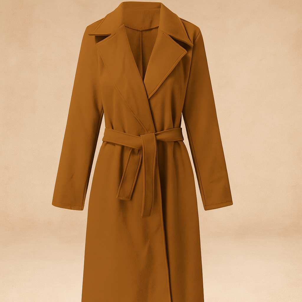Women's Long Winter Coat with Belt and Wide Lapel – Wool Effect