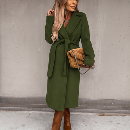 Women's Long Winter Coat with Belt and Wide Lapel – Wool Effect