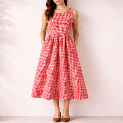 Women's Sleeveless Midi Dress with Plaid Pattern and Pockets – Casual Summer Style