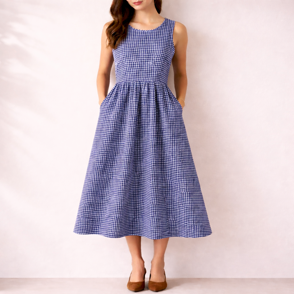 Women's Sleeveless Midi Dress with Plaid Pattern and Pockets – Casual Summer Style