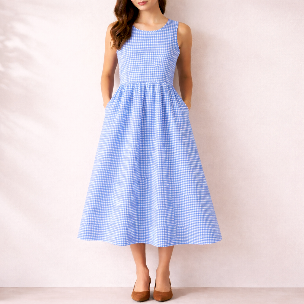 Women's Sleeveless Midi Dress with Plaid Pattern and Pockets – Casual Summer Style