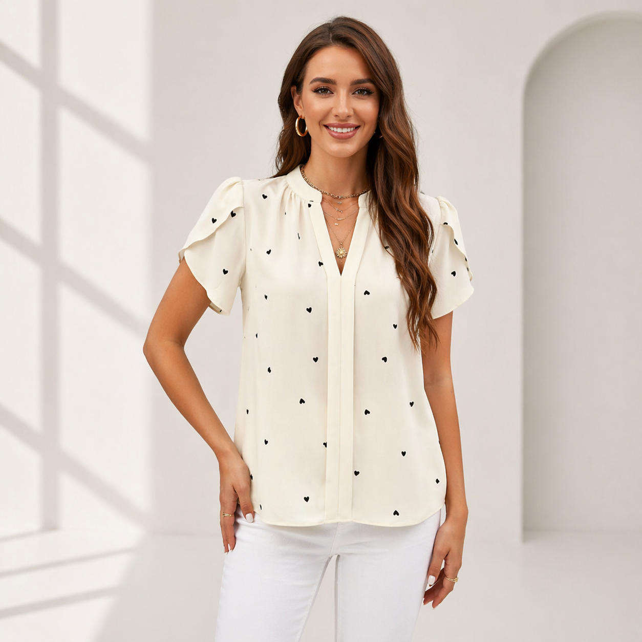Camicetta Donna con Scollo a V e Stampa a Cuori – Stile Elegante Informale