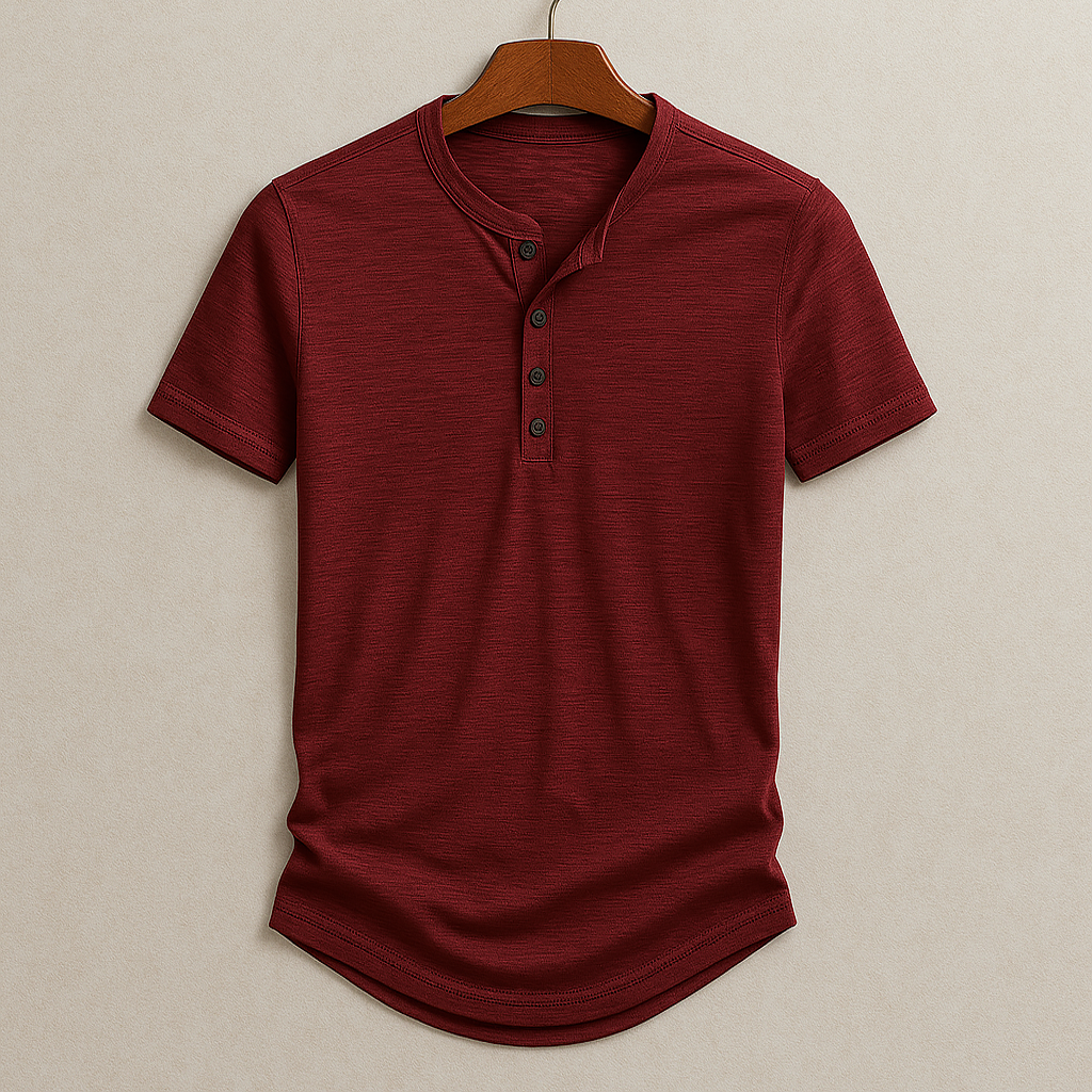 Herre Henley T-shirt til foråret med afrundet kant og let stof