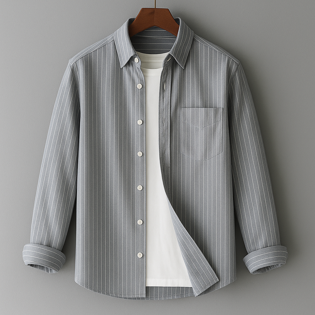 Men's Long Sleeve Shirt with Vertical Stripes and Chest Pocket – Classic Casual Style
