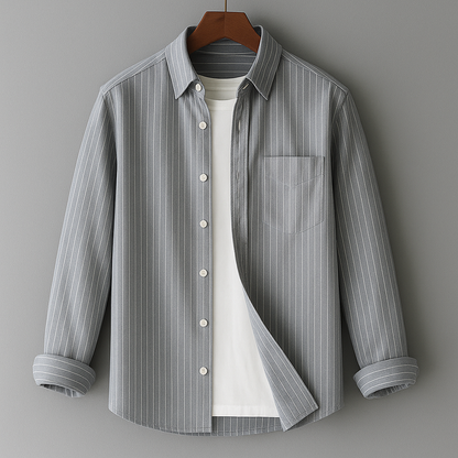 Men's Long Sleeve Shirt with Vertical Stripes and Chest Pocket – Classic Casual Style