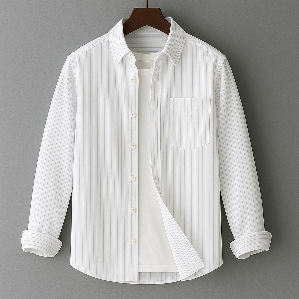 Men's Long Sleeve Shirt with Vertical Stripes and Chest Pocket – Classic Casual Style