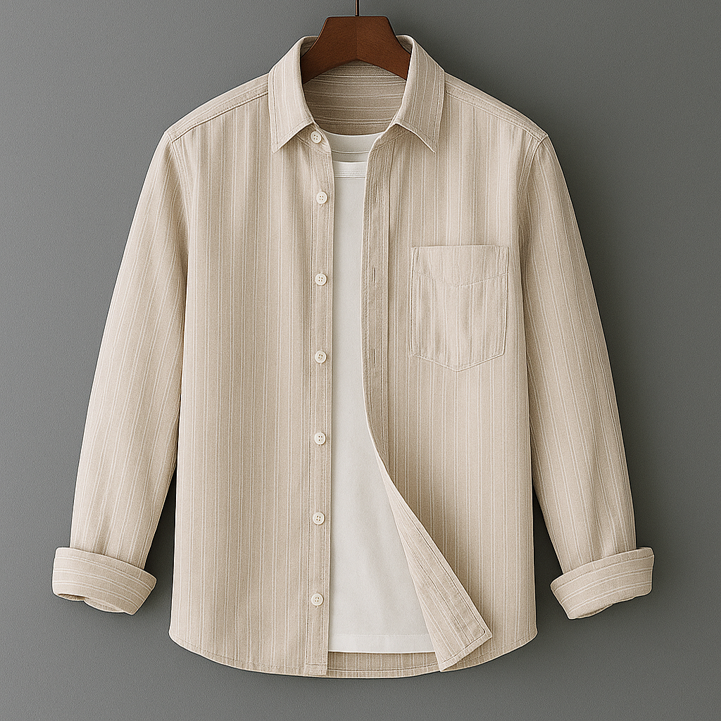 Men's Long Sleeve Shirt with Vertical Stripes and Chest Pocket – Classic Casual Style