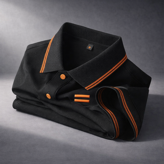 Men's Polo Shirt with Textured Surface, Contrast Stripes, and Short Sleeves