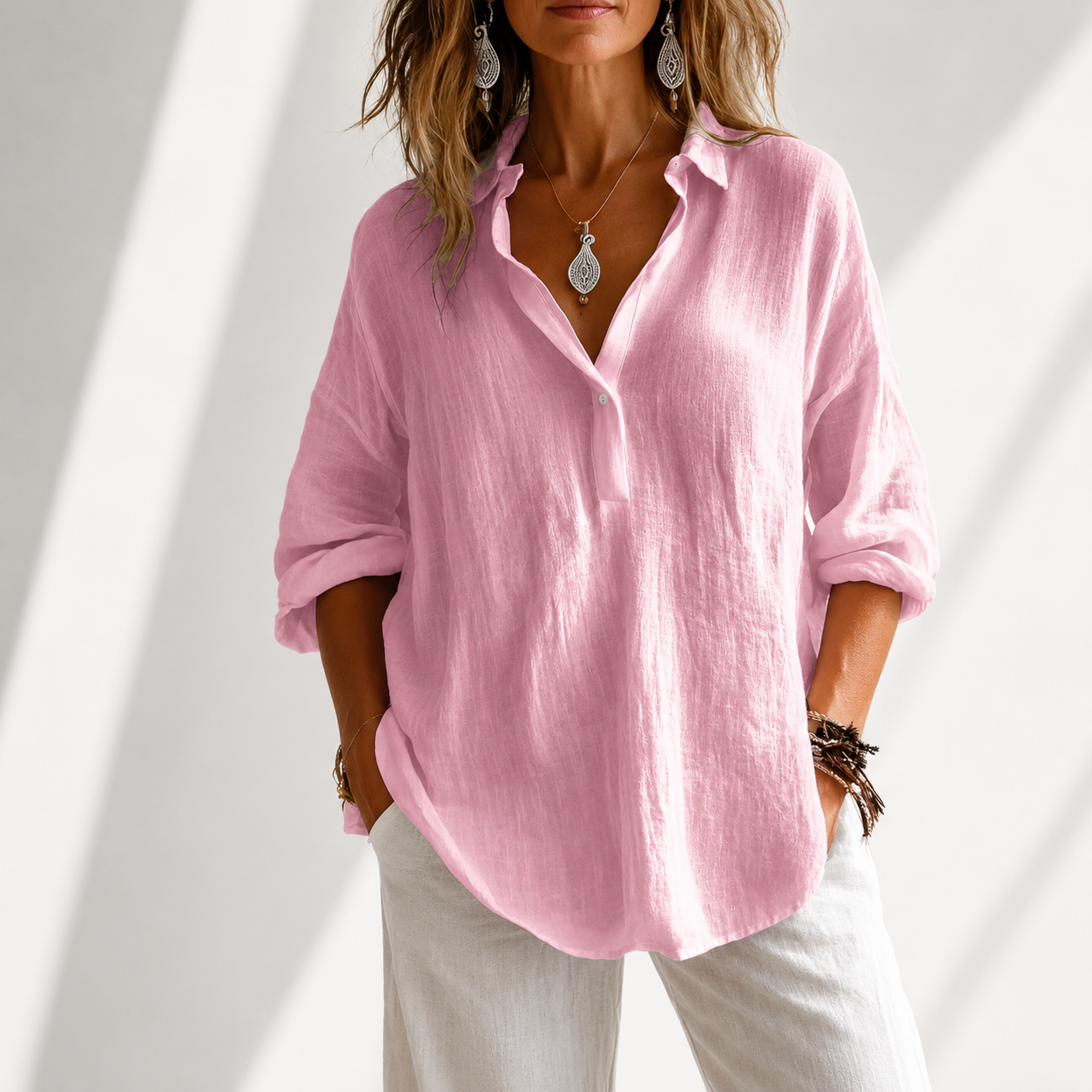 Women's Blouse with Front Buttons and Comfortable Fit – Cotton Blend and Linen Blend