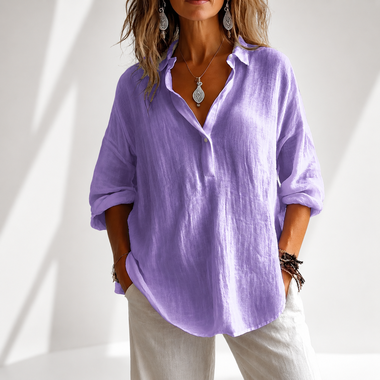Women's Blouse with Front Buttons and Comfortable Fit – Cotton Blend and Linen Blend