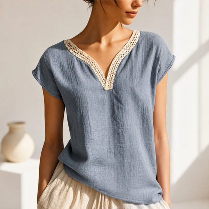 Women's Blouse with V-Neck and Lace Trim – Elegant Style