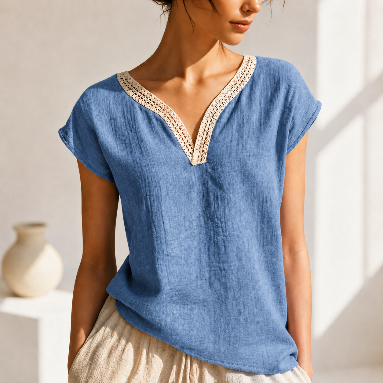 Women's Blouse with V-Neck and Lace Trim – Elegant Style