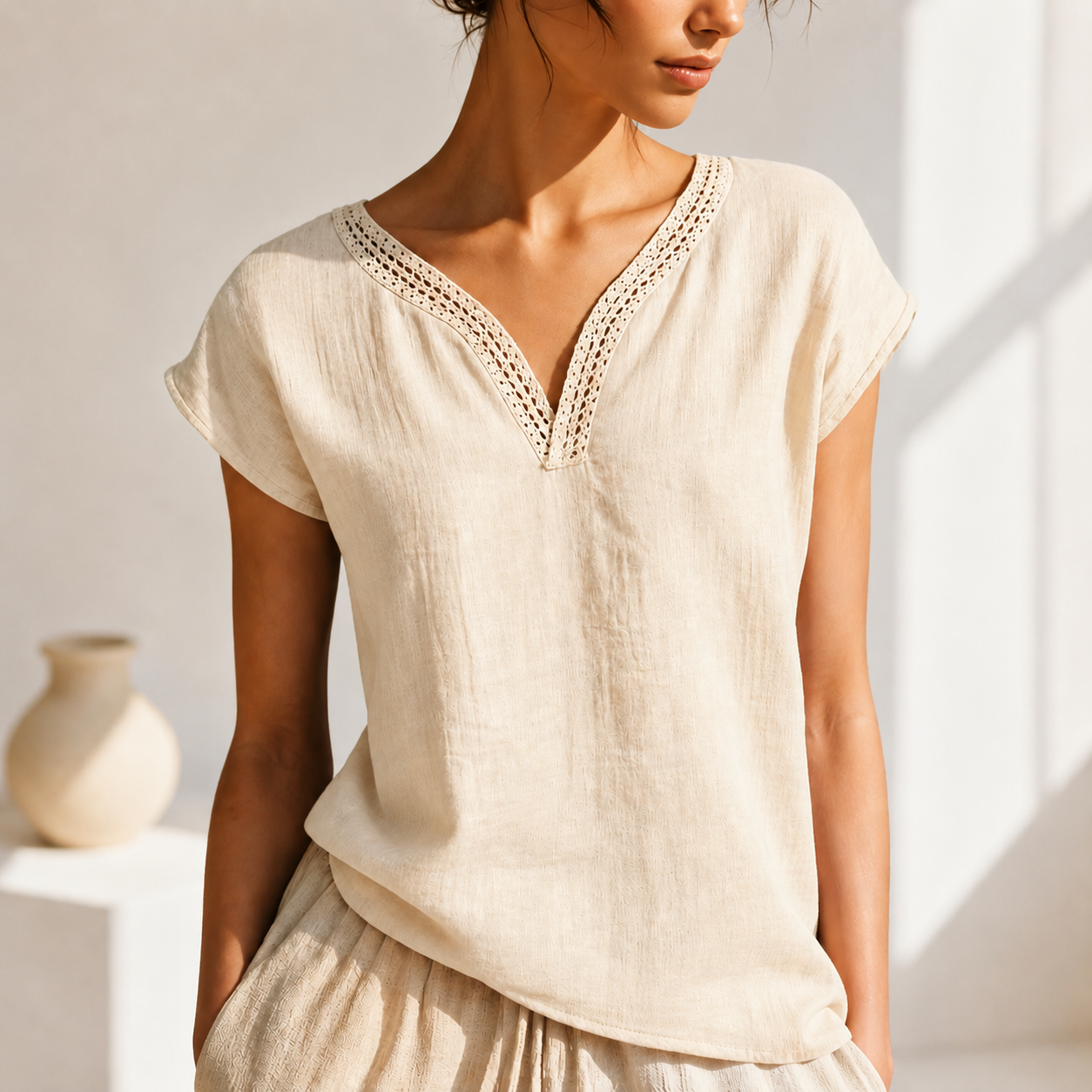 Women's Blouse with V-Neck and Lace Trim – Elegant Style