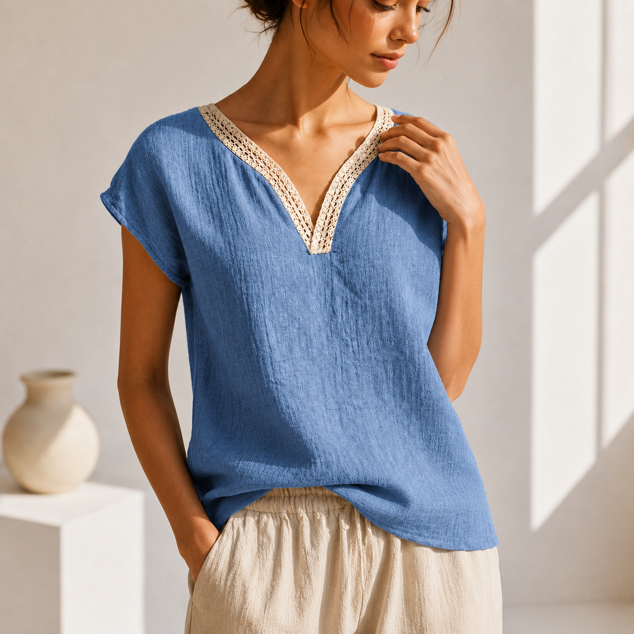 Women's Blouse with V-Neck and Lace Trim – Elegant Style