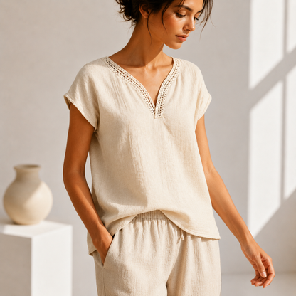 Women's Blouse with V-Neck and Lace Trim – Elegant Style