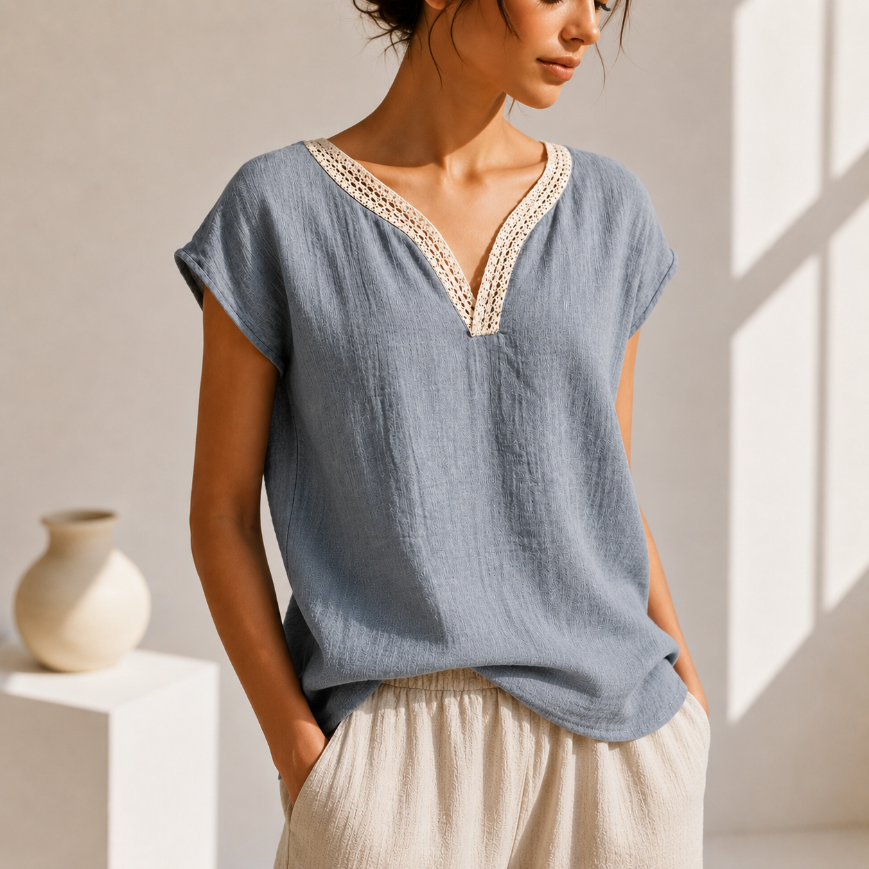 Women's Blouse with V-Neck and Lace Trim – Elegant Style