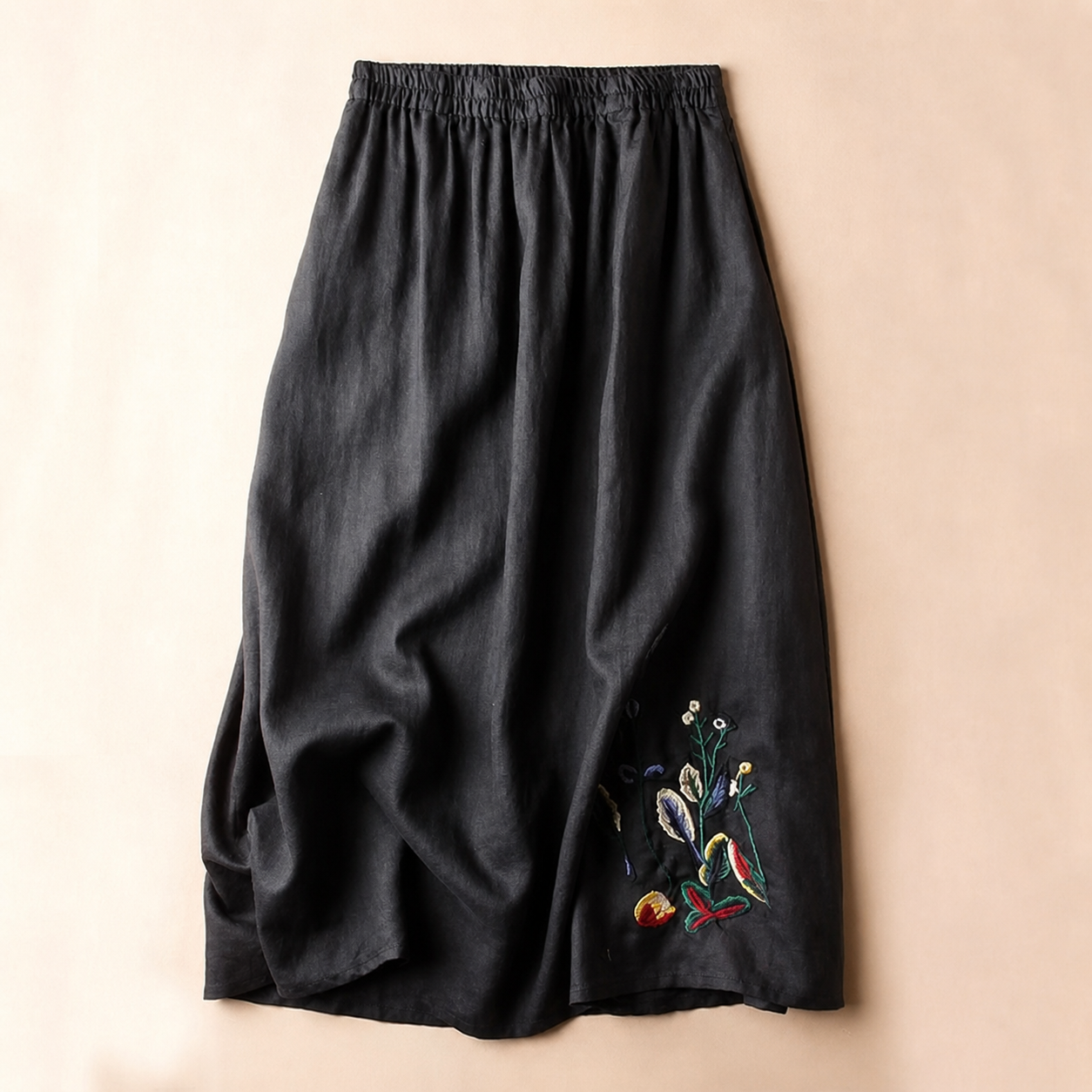 Gonna Midi Donna in Lino con Elastico in Vita e Ricami – Stile Estivo Casual