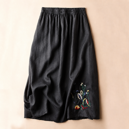 Gonna Midi Donna in Lino con Elastico in Vita e Ricami – Stile Estivo Casual