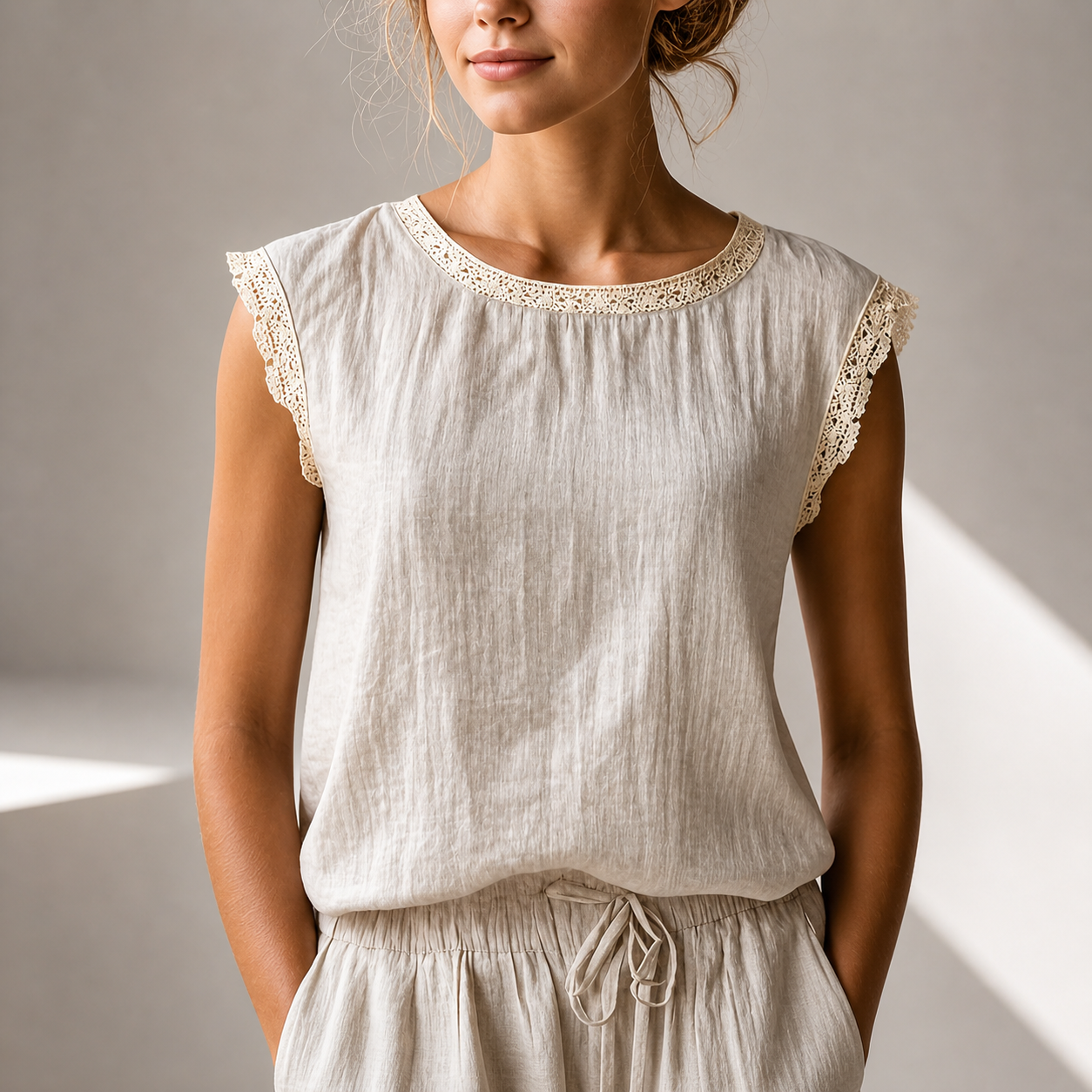 Damebluse med blonderkant og behagelig pasform – elegant casual stil